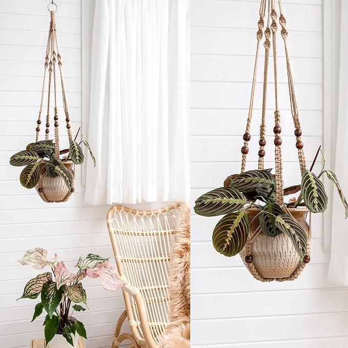 Mkono Macrame Plant Hanger Indoor Jute Hanging Planter Basket with Wood Beads Decorative Flower Pot Holder No Tassels for Indoor Outdoor Boho Home Decor 35 Inch, Brown, Set of 2 (POTS NOT Included) Mkono