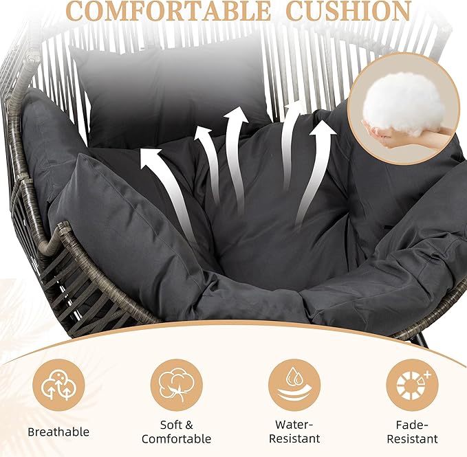 Vongrasig Wicker Egg Chair PE Rattan Rocking Chair with Cushion, Oversized Patio Lounge Rocker Chair for Outdoor, Indoor, Balcony, Backyard, Garden, Black/Rattan Vongrasig