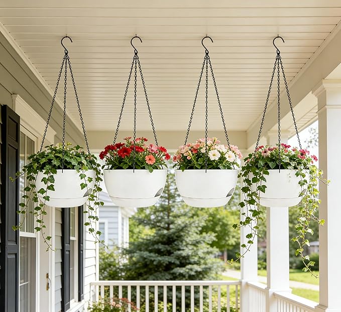 Set of 2-8 Inch Self Watering Hanging Planters for Indoor Outdoor，Hanging Plant Pots with Drainage & Removable Tray, Hanging Pots Holder for Ivy, Pothos, Ferns, Balcony & Patio, White zople