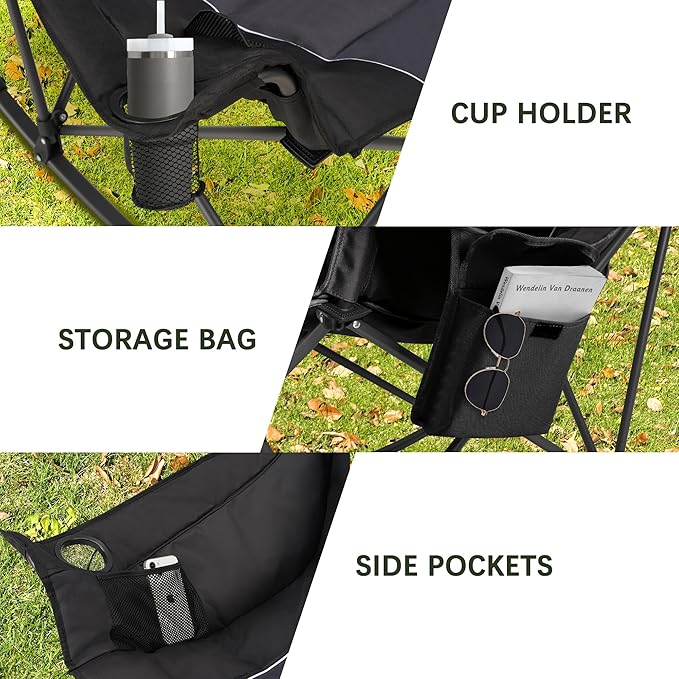 Oversized Rocking Camping Chair with Headrest & Cup Holder - 400lbs Capacity, 600D Oxford Fabric, Easy Fold Portable Outdoor Rocker Chair for Camping, Backyard, Beach, Deep Gray Rootora