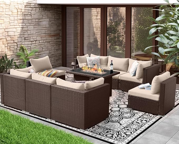 NICESOUL 9 Piece Patio Furniture Conversation Set, Extra Large Size Outdoor Rattan Sectionals with Fire Pit Table Natural Gas & Propane Convertible, 29.3'' High Back 8 Seater Deep Wide Sofa, Espresso NICESOUL