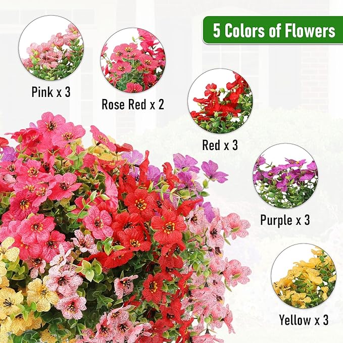 Artificial Flowers Outdoor Fake Plants, Faux Silk Flowers Plastic Plants for Outdoors Indoor Outside Front Porch Hanging Planter Window Box Garden Home Spring Decoration, 14 Pack (Mix) Powbrace