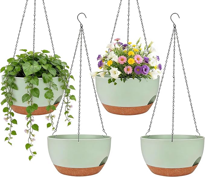 Set of 4-8 Inch Self Watering Hanging Planters for Indoor Outdoor，Hanging Plant Pots with Drainage & Removable Tray, Hanging Pots Holder for Ivy, Pothos, Ferns, Balcony & Patio, Green Brown zople