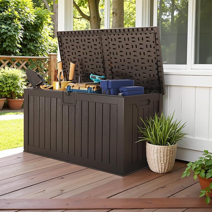 Devoko 240 Gallon Double-Wall Deck Box with Divider, Side Handles, Resin Outdoor Large Storage Box Waterproof and Lockable for Patio Furniture, Garden, Pool (Brown) DEVOKO