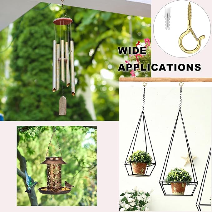 PlusRoc 20 Pack Ceiling Hooks for Hanging Plants Outdoor String Lights Heavy Duty, 2.2 Inch Eye Hook Screw in Cup Hooks Q-Hanger for Patio Lights, Wall Wood Fence Deck Mount(Gold) PlusRoc