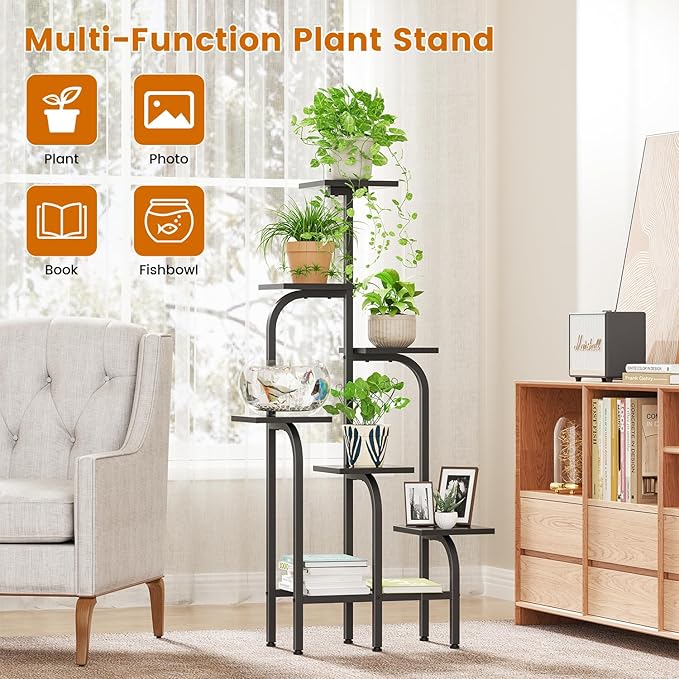 6 Tier Plant Stand Indoor, Plant Shelf for Multiple Plants, Flower Pot Holder Shelf, Planter Display Rack for Patio Garden Balcony Living Room Bedroom Decor, Black Asgolion