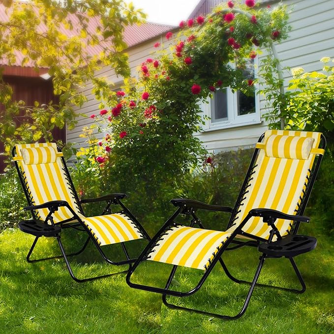 Nazhura Set of 2 Relaxing Recliners Patio Chairs Adjustable Steel Mesh Zero Gravity Lounge Chair Beach Chairs with Pillow and Cup Holder (Yellow Stripe) NazhuraGoodCompanionAtHome