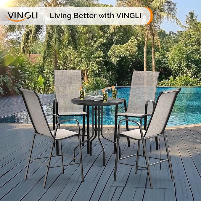 VINGLI Outdoor Bar Chairs Set of 8 – Stackable Outdoor Bar Stools with Sturdy Sling High Back and Armrests for Lawn, Courtyard, Garden, Bar, Yellow VINGLI