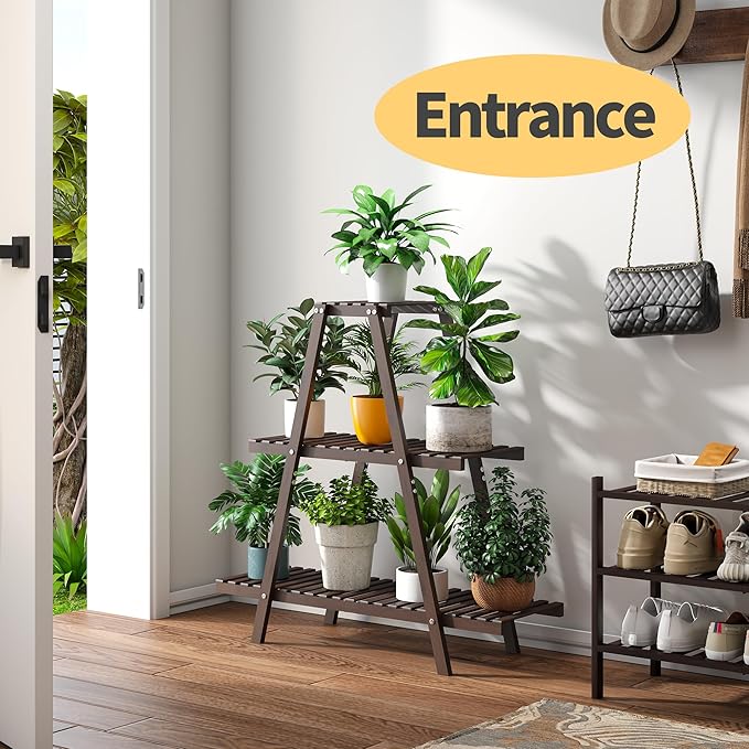 Plant Stand Indoor, Outdoor bamboo Plant Rack for Multiple Plants, 3 Tier 8 Potted Flower Holder Ladder,Plant Shelf Ladder Table Plant Pot Stand for Living Room, Patio, Balcony (Brown) Furshus