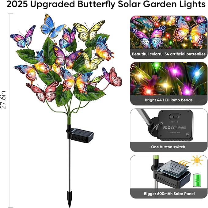 Solar Lights Outdoor Garden Decor: 8 Pack 136 Silk Butterflies with 176 Color-Changing LEDs - Auto On/Off 12H Magical Lighting IP65 Waterproof for Yard Patio Pathway - Unique Gifts for Mom Grandma NFEVER