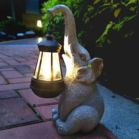 Elephant Solar Garden Statues,Resin Elephant Figurine Decorations with Solar Lights Lantern, Outdoor Figurines Lawn Garden Statue Decor Art for Lawn,Yard, Balcony Ornament. Qobumy