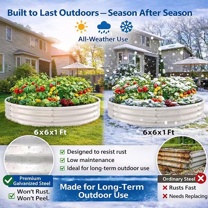 Round Galvanized Raised Garden Bed, 6x6FT, 12" Depth for Outdoor Gardening, Heavy Duty Metal Planter Box for Vegetables, Flowers & Herbs, Rust-Resistant, Easy DIY Assembly Rootora