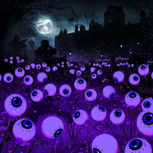 BrizLabs Halloween Eyeball Lights, 2 Pack 12 LED Solar Halloween Lights, 2 Modes Outdoor Spooky Walkway Light, Purple Swinging Firefly Light, Outside Purple Pathway Lighting for Yard Garden Lawn Party BrizLabs