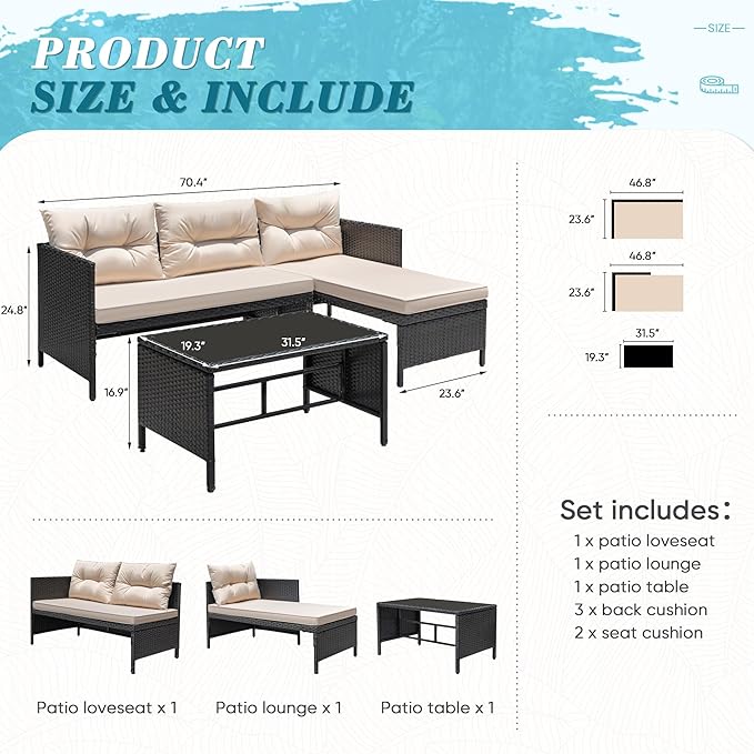 Greesum 3 Piece Patio Furniture Set Outdoor Wicker Rattan Sectional Sofa with Cushions & Coffee Table for Yard, Garden, Porch, Poolside, Light Beige BuynowfromGreesum