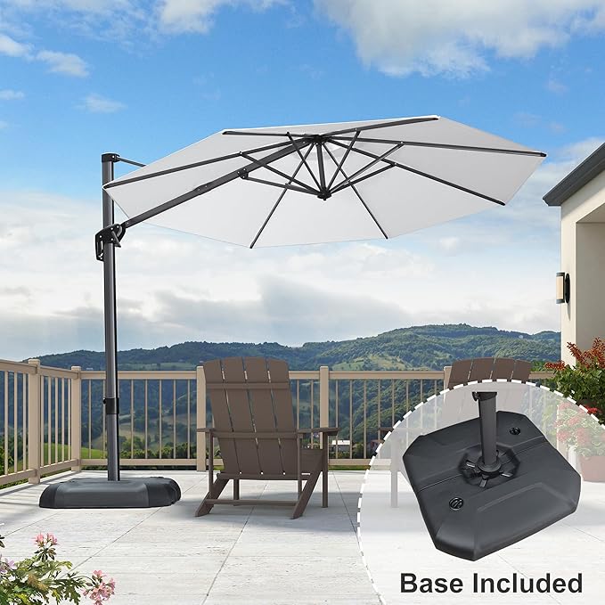 PURPLE LEAF 10 Feet Patio Umbrella with Base Outdoor Cantilever Round Umbrella Aluminum Offset Umbrella with 360-degree Rotation for Garden Deck Pool Patio Light White PURPLELEAF