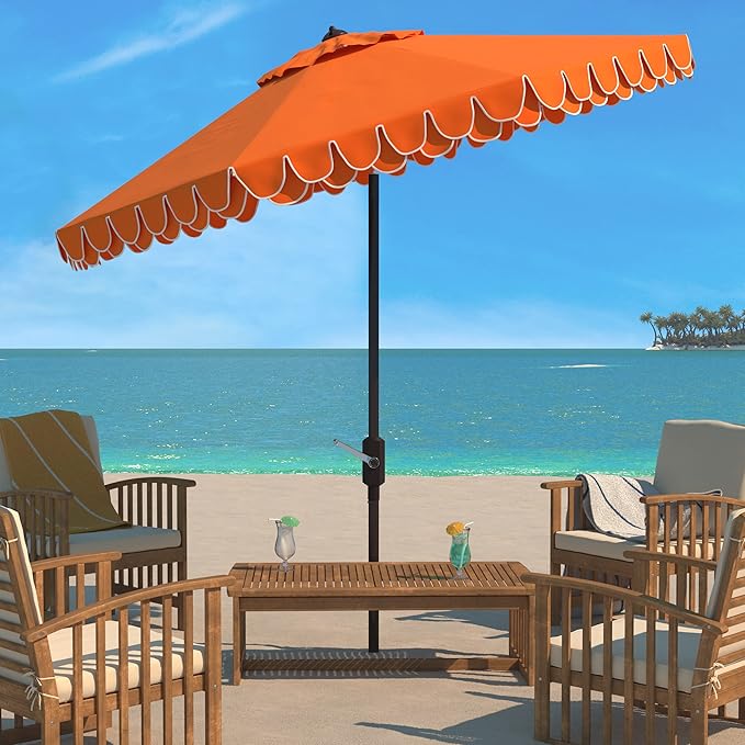 SAFAVIEH 9ft Outdoor Patio Umbrella, Round, Valance, Orange, Auto Crank Tilt, UV Resistant for Deck, Backyard, Poolside (PAT8006O) SAFAVIEH