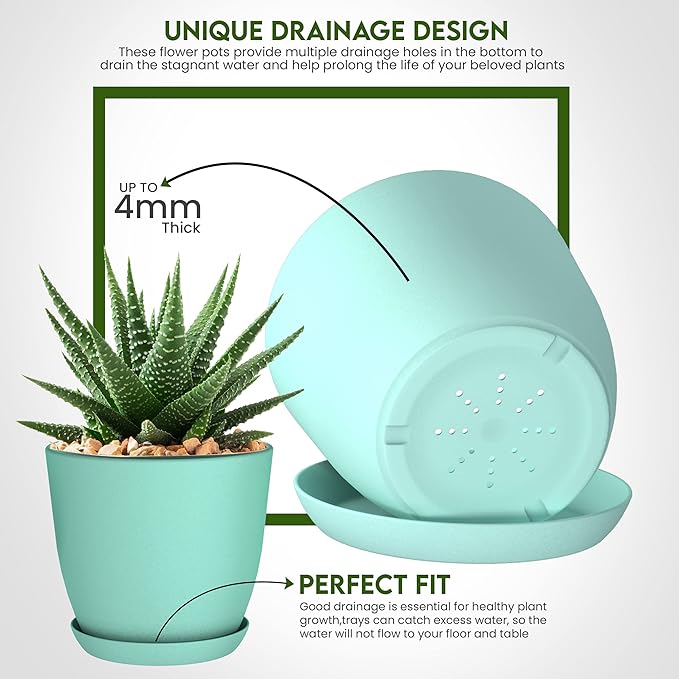 Utopia Home - Plant Pots Indoor with Drainage - 7/6.6/6/5.3/4.8 Inches Flower Pots for Indoor Planter - 5 Pack Plastic Planters - Ideal for Stocking Stuffers or Home Christmas Decorations - Aqua UTOPIAHOME