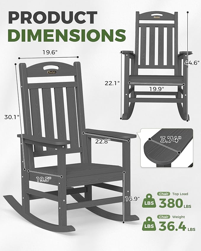 Oversized Outdoor Rocking Chair, HDPE All Weather Resistant Patio Rocking Chair, High Back Porch Rocking Chair, 380lbs Weight Capacity, Dark Grey Suunyn