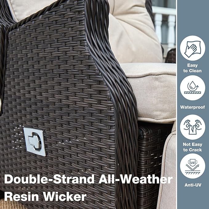 Outdoor Indoor Wicker Recliner with Adjustable Back and Footrest, Patio Reclining Chair with Flip-up Table, Outdoor Rattan Lounge Chair, Beige 2PCS COMLAXFIELD