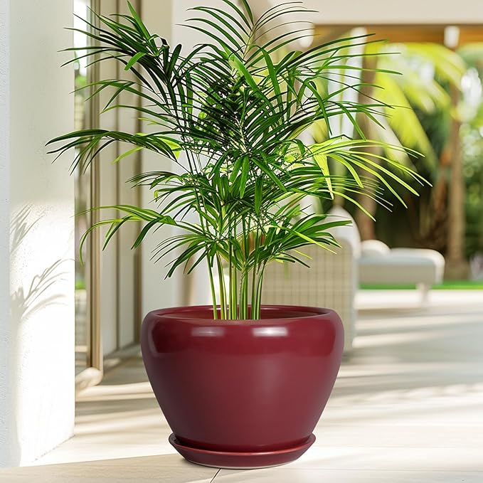 10 Inch Plant Pot - Ceramic Planter Pot with Drainage Hole and Saucer Large Planter for Indoor Plants Round Outdoor Flower Pot Mid-Century Decor Red Ceramicfor