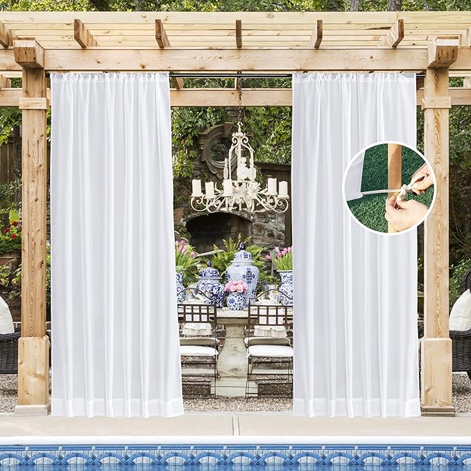 NICETOWN Outdoor Sheer White Weighted Curtains Rod Pocket Back Tab 120 inch Length 2 Panels Set W54, Light Filtering Grommet Mosquito Netting Curtains for Patio/Cabana/Pergola/Porch NICETOWN