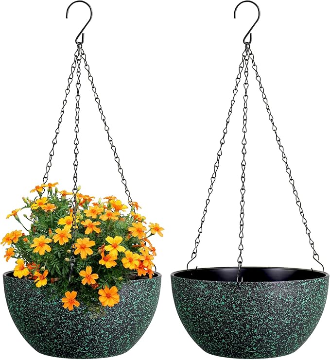 8 inch Small Hanging Planters for Indoor Outdoor Plants, 2 Pack Hanging Flower Pots with Drainage Holes and Chain, Plastic Hanging Baskets for House Plants, Black with Green Speckles Meowell