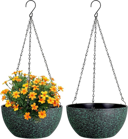10 inch Hanging Planters for Indoor Outdoor Plants, 2 Pack Hanging Flower Pots with Drainage Holes and Chain for Garden, Plastic Hanging Baskets for House Plants, Black with Green Speckles Meowell
