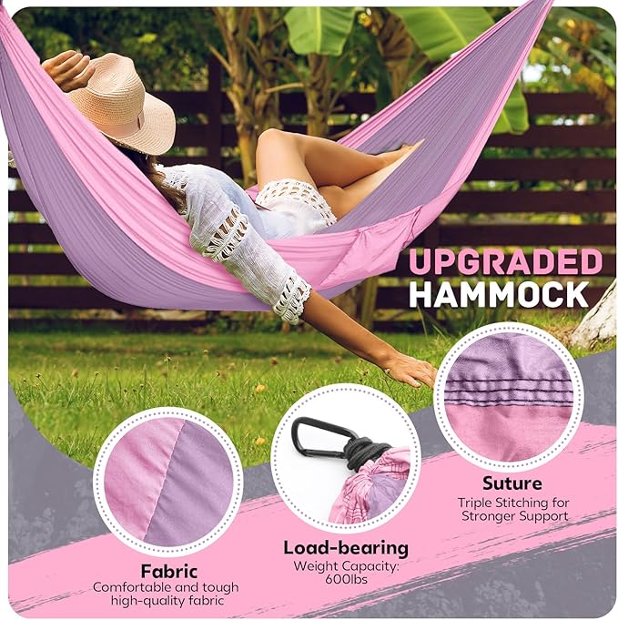 Camping Hammock Lightweight, Portable Hammocks Parachute Hammock with Two Tree Straps, Single or Double Travel Swing Nylon Camp Hammocks, Outdoor Essentials for Beach Backpacking Hiking, Orange Rootora