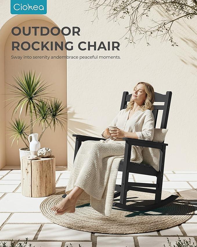 Ciokea Oversized Outdoor Rocking Chairs Set of 4, 380lbs Heavy-Duty Large Patio Rocker, High Back Cozy Porch Chairs, Weather Resistant Patio Rocking Chairs for Outside, Fire Pit, Deck, Black CIOKEA