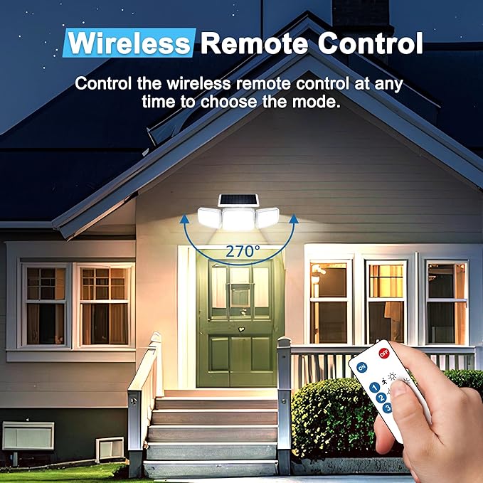 White Solar Security Light Outdoor Super Bright LED, Motion Sensor Flood Light, 3 Heads 270° Wide Angle, Remote Control, IP65 Waterproof, 3 Modes (2 Packs) JEJOT