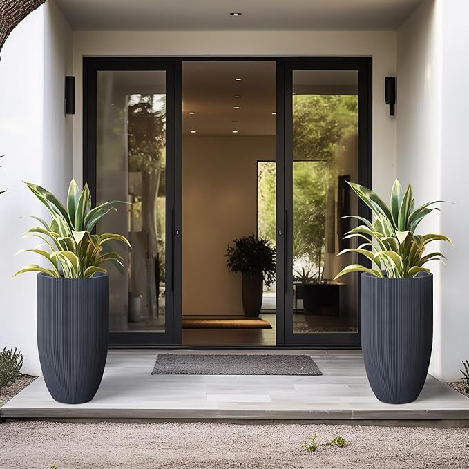Kante 24 Inch Tall Round Concrete Planter, Large Indoor Outdoor Plant Pots with Drainage Hole and Rubber Plug, Modern Decorative Garden Pots for Home Patio Porch, Textured Charcoal Kante