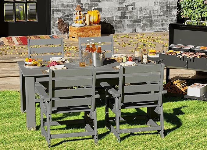 GREENVINES 7-Piece Outdoor Dining Set | HDPE | Patio Table and Chairs Sets for 6 | Patio Furniture | All Weather | Umbrella Hole | Grey | for Backyard Poolside Garden GreenVines