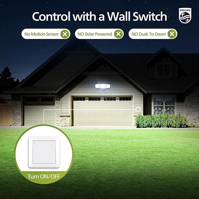 Philips 72W 7400LM LED Flood Lights Outdoor, Switch Controlled Aluminum Security Lights, 3 Adjustable Heads, Wall Mount, 5000K Daylight, Waterproof for Yard, Garage (2 Packs) PhilipsLightingLED