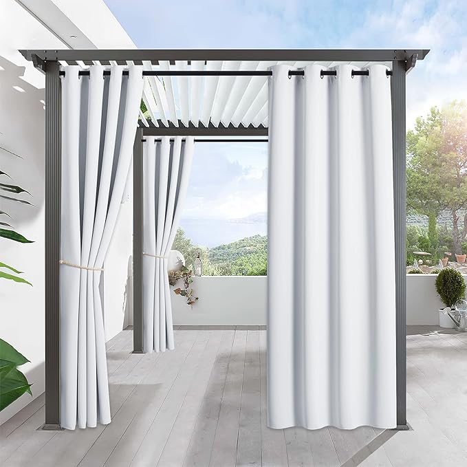 RYB HOME Outdoor Curtains for Patio Waterproof Block Sunlight Thermal Insulated Privacy Assured Thick Outside Curtains for Porch, Gazebo, Pergola, W52 x L95, Greyish White, 1 Panel RYBHOME