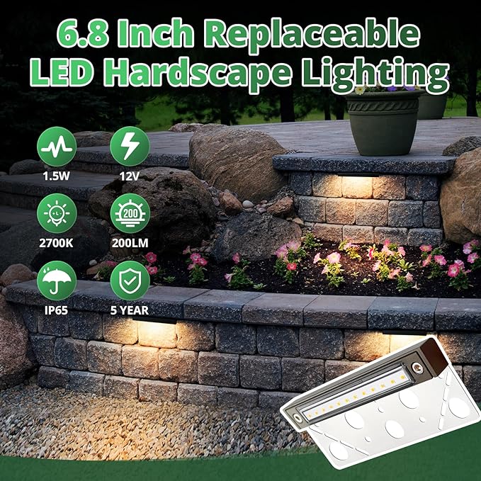 GKOLED 6.8 Inch LED Low Voltage Outdoor Hardscape Light, Light Module Replaceable, Retaining Paver Wall Step Lighting, 2700K 1.5W, IP65 for Wet Location, Die-cast Aluminum Housing GKOLED