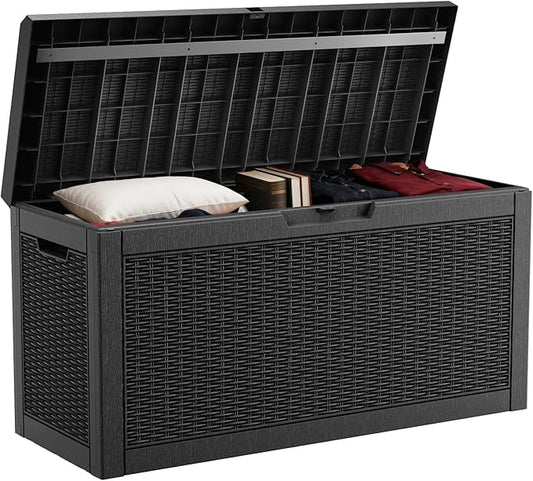 DRATO 60 Gallon Deck Box, Waterproof Resin Large Outdoor Storgae Box for Patio Furniture, Patio Cushions, Gardening Tools, Pool Supplies, Lockable（Black，60 Gallon） DRATOprovidesawarmandcozy