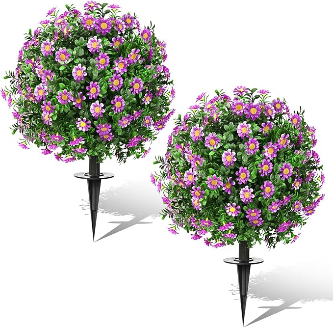 Artificial Topiary Bushes for Outdoors with Spike, Boxwood Ball Fake Shrubs UV Resistant Faux Plants for Indoor Outdoor Fall Thanksgiving Halloween Decor (Sunflower Boxwood Purple -2 Packs) FAJUNZH