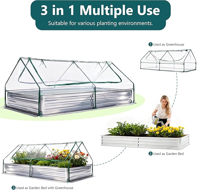 DUMOS Raised Garden Bed with Cover, 8x4x1ft Planter Box Outdoor for Deep-Rooted Herbs/Flowers/Vegetables, Extra Large Metal Garden Bed Mini Greenhouse for Patio, Balcony and Backyard, Silver DumosLifestyle