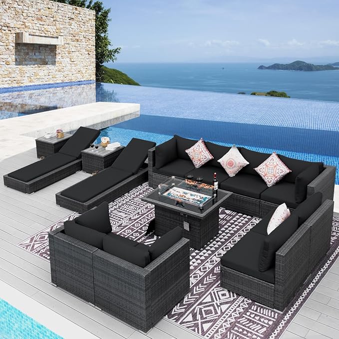 NICESOUL 13 Piece Patio Set with Fire Pit Table, 500 lbs High Weight Capacity Large Outdoor Sectional with Fire Pit & Chaise Lounge, 29.3'' High Back Patio Sectional Deep Seating Grey & Black NICESOUL