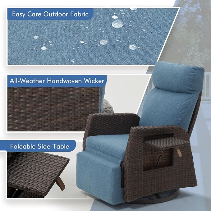 Adjustable Outdoor Recliner Chair with Independent Backrest & Footrest, Patio Swivel Recliner Chair, Wicker Reclining Patio Chair w/Flip-Up Table, 155° Lay Flat Chaise Lounge, Blue, 2PCS Rootora