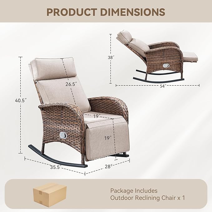 Zero Gravity Patio Rocking Wicker Recliner Chair - Wicker Outdoor Lounge Chair with Adjustable Backrest & Footrest, All Weather Reclining Rocker Chairs with Thick Cushion for Pool Deck Beige JelwalyPatioFurnitureSet
