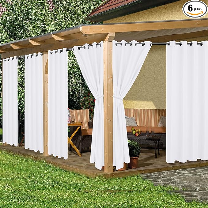 HolidayIdeas Outdoor Curtains for Patio Waterproof, 6 Panels - 54x84 Inches - Weatherproof Privacy Outsides Curtains for Cabana Porch Pergola, Sunlight & UV Blocking (White, Grommet Top) HolidayIdeas