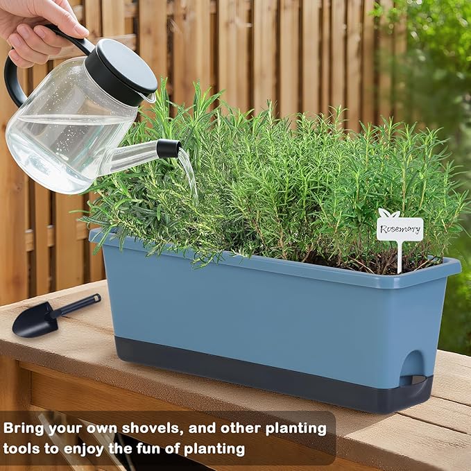 Window Box Planter 4 Packs, 17 Inches Rectangle Flower Pots with Drainage Holes & Trays, Pots for Vegetables, Herbs, Flowers, Garden Windowsill Balcony (Blue, 17 * 5.1 * 6 inch) Oliz