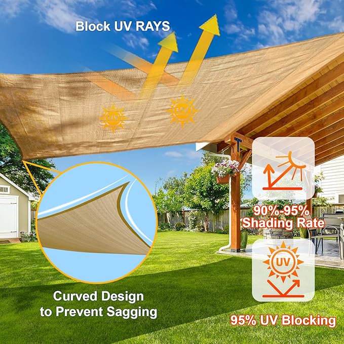 SUNLAX Sun Shade Sail 10' x 15' Sand Rectangle Canopy Sail Shade Cover UV Block Permeable Sunshade Outdoor for Patio Backyard Deck Pergola (We Make Custom Size) SUNLAX