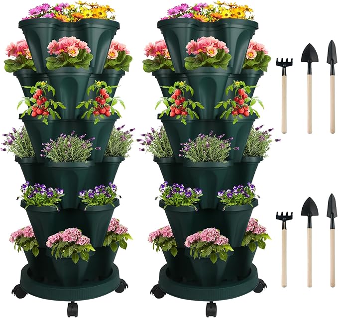 DUNCHATY Stackable Planter, Vertical Garden Planter with Wheels and Tools, Self Watering Strawberry Planter Indoor/Outdoor 6 Tier Herb Planter Pots for Growing Vegetables and Succulents,Pine Green DUNCHATY