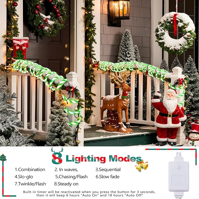 Jnaurb Christmas Candy Cane Lights, 33ft 240 LED Connectable Flexible White & Green Candy Cane Rope Lights for Outside, 8 Modes Waterproof LED Christmas Light for Garden Patio Tree Holiday Party Decor Jnaurb