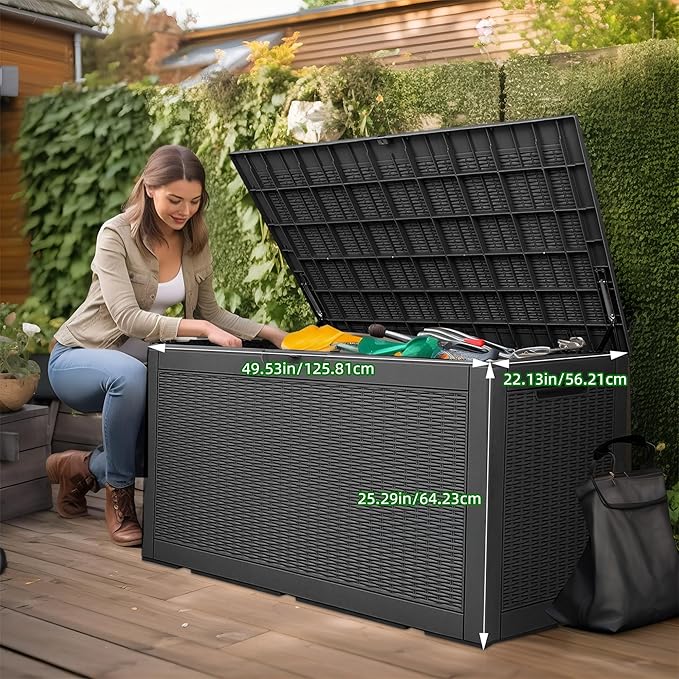 120 Gallon Outdoor Deck Box, Lockable Waterproof Outdoor Storage Boxes For Garden Tools,Indoor Cushions,Accessories Outside Storage Resin Weatherproof Container(Black) MAIUSCOLI
