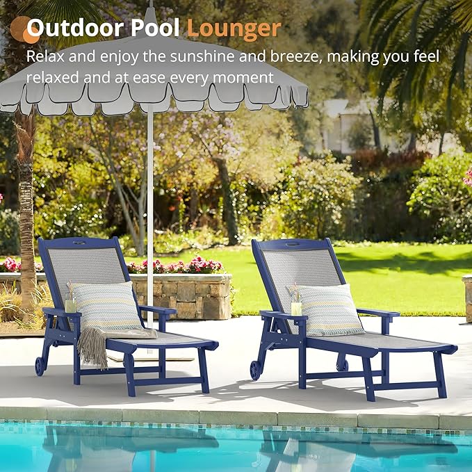LUE BONA Chaise Lounge Chair Outdoor Set of 2, HDPS and HDPE Wicker Material, Patio Lounge Chair with Adjustable Backrest, Resin Pool Lounge Chairs with Wheels for Backyard, Poolside and Deck LUEBONA