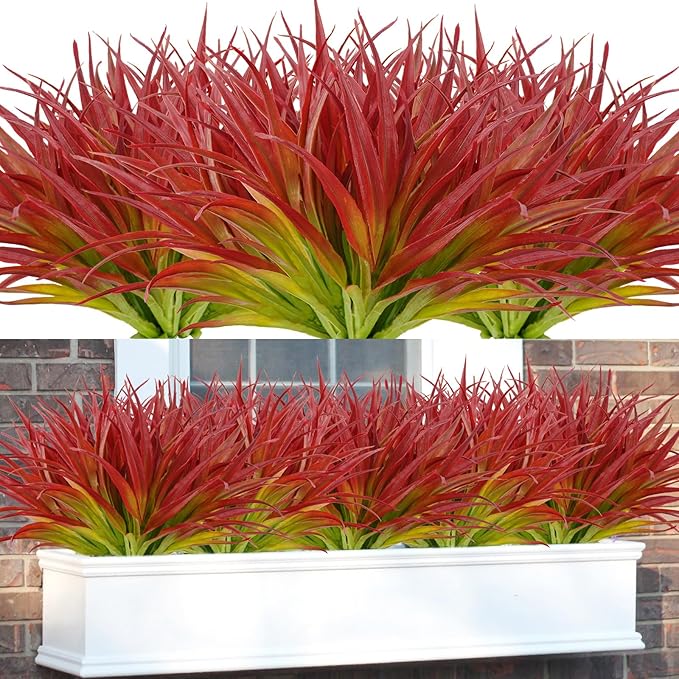 16Pcs Artificial Grass Fake Plants 17.3in Outdoor Plants UV Resistant Greenery Stems Fake Grass for Home Window Garden Office Patio Pathway Front Porch Décor Light Green & Red Phliofd