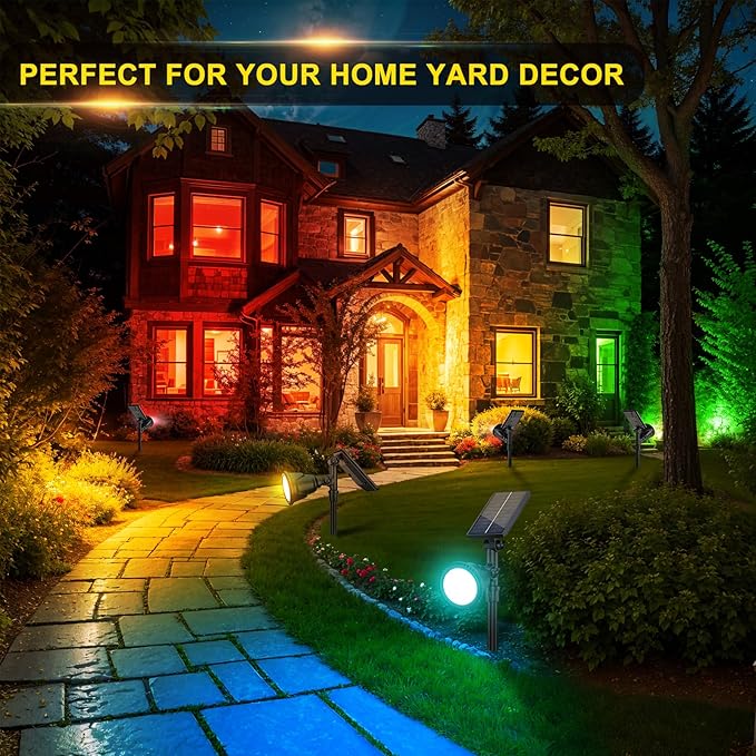 ROSHWEY Solar Spot Lights Outdoor, 7 Colors Halloween Christmas Outdoor Lights Waterproof Landscape Light 600LM Solar Spotlight Lighting for House Backyard Pool Patio Garden Decor- 2 Pack ROSHWEY